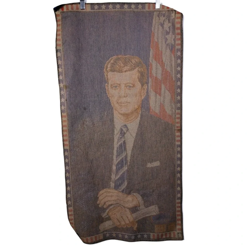 John F Kennedy Home 24x46 JFK Portrait Woven Tapestry Blue Vintage Y2K